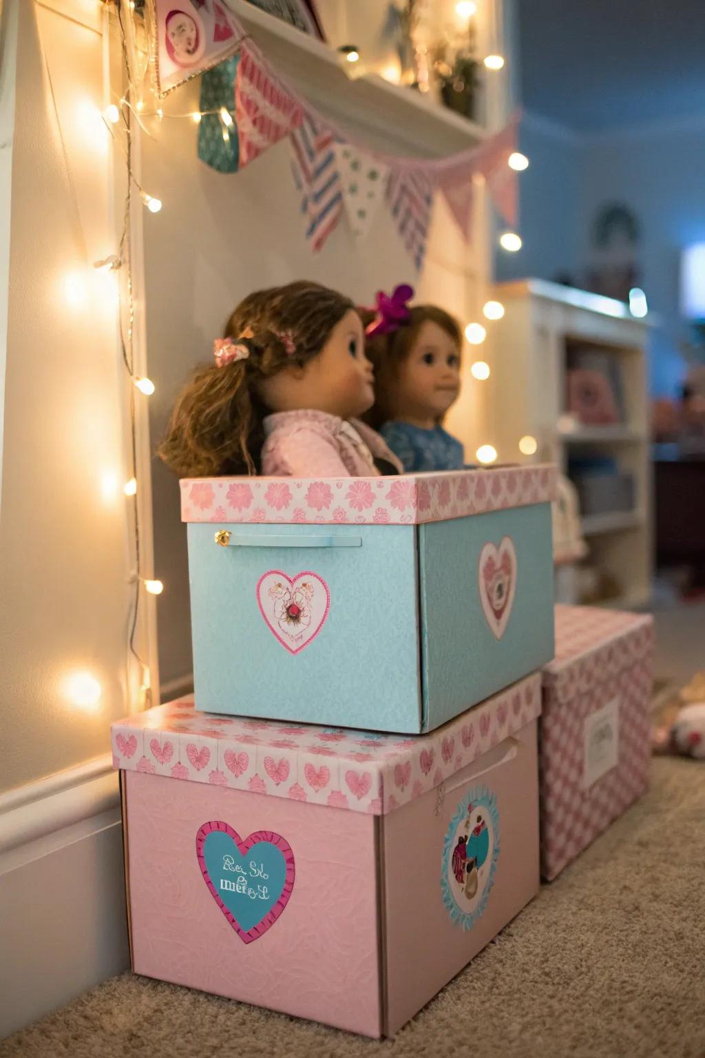 Custom-decorated boxes bring a splash of personality to doll storage. 🎨✨ #DIYDecor #HomeCrafts