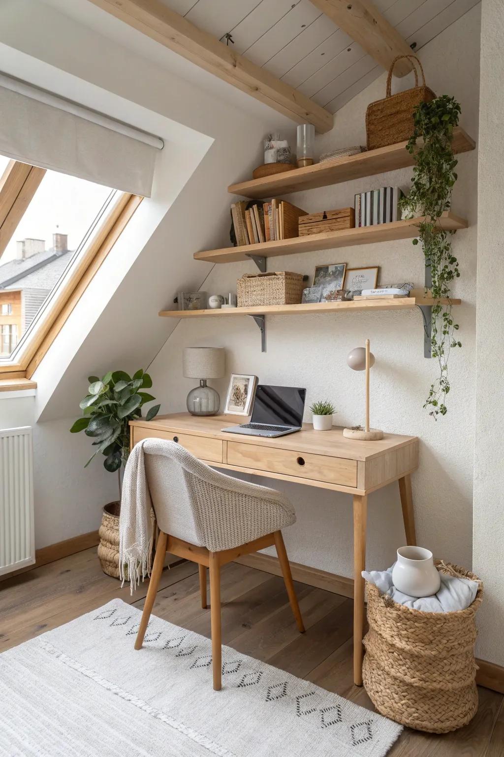 Create a multipurpose workspace under your eaves and turn unused space into productivity heaven. #HomeOffice #CreativeSpaces