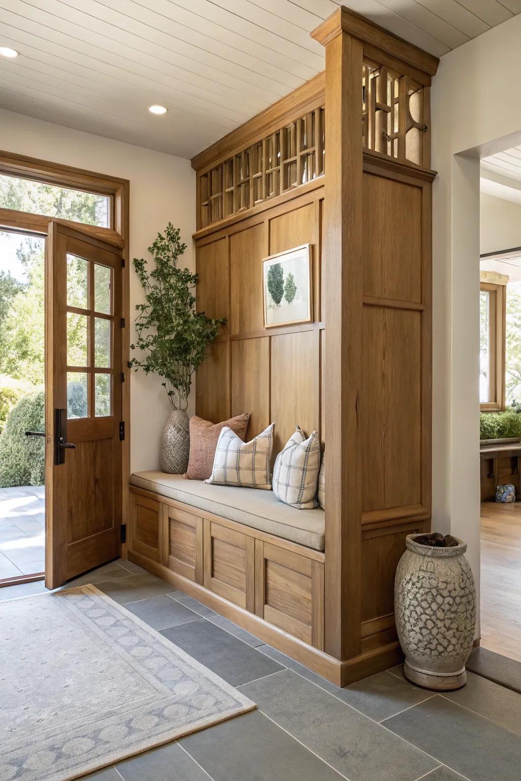 A seating area that blends effortlessly into your entryway. #HomeComfort #EntrywayDesign