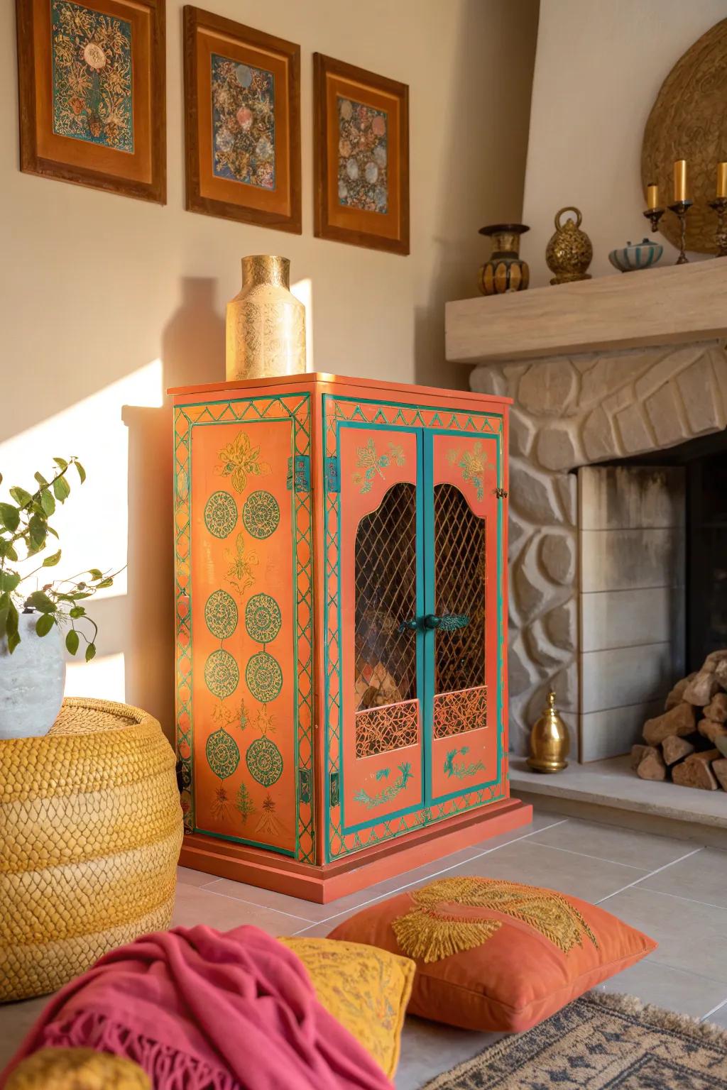 Enhance your faux fireplace with a stylish screen that adds elegance and depth. #InteriorDesign