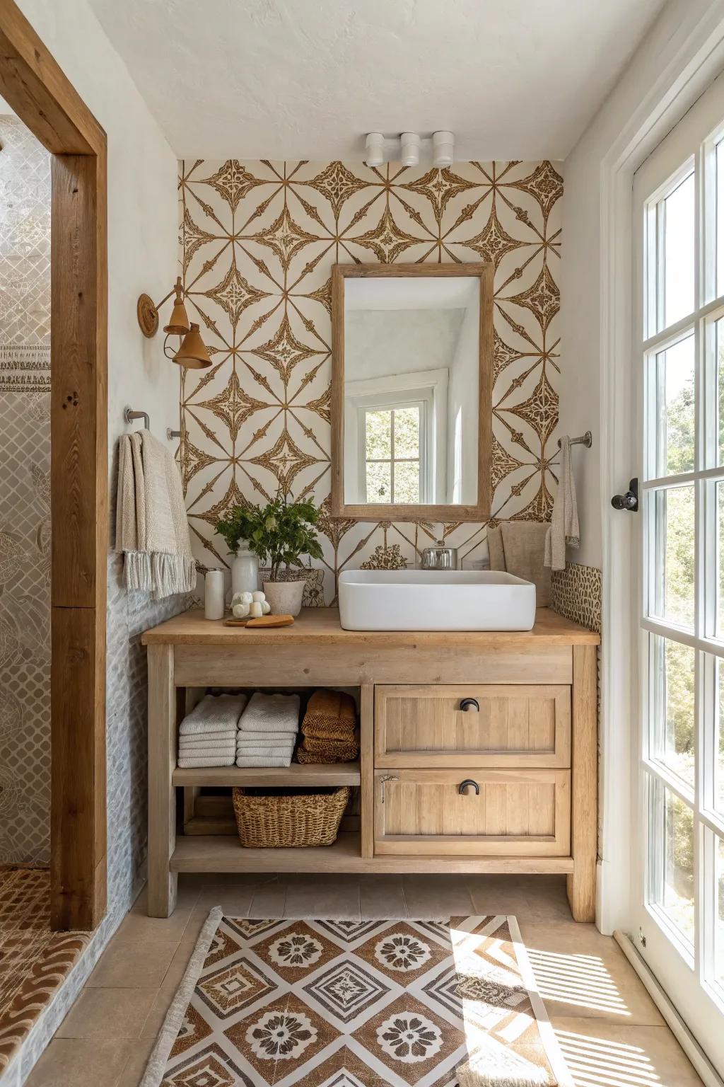 Bring life to your bathroom floors with bold geometric patterns. #TileDesign #FarmhouseStyle #BathroomInspo