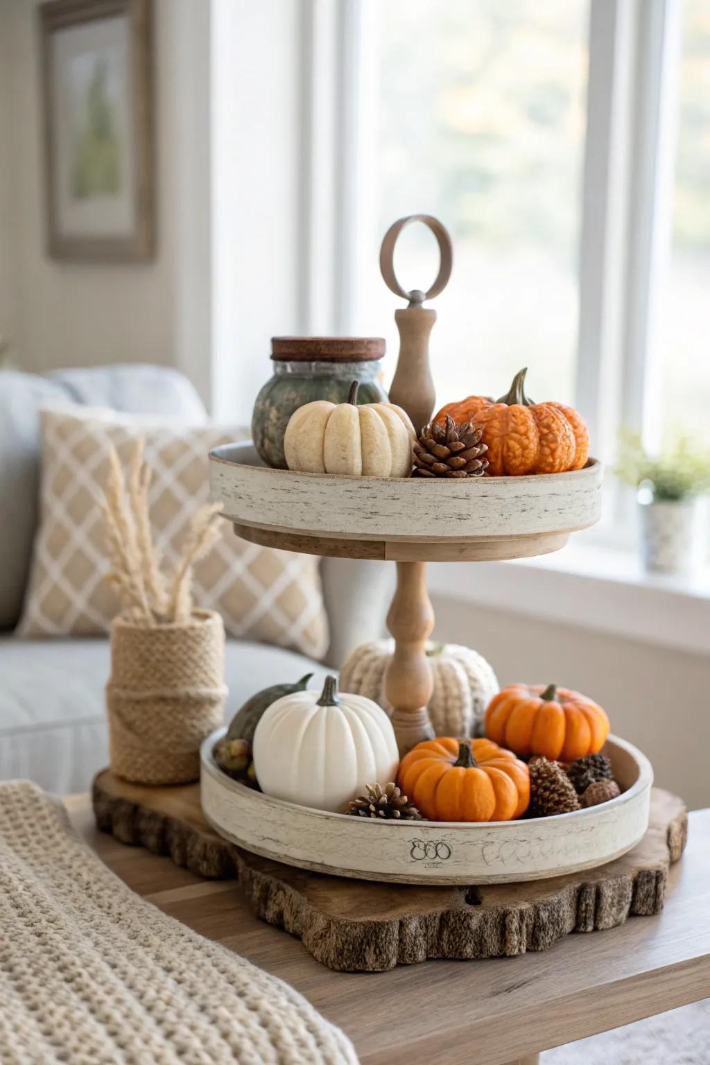 Celebrate the changing seasons with a charming fall-themed farmhouse tiered tray.