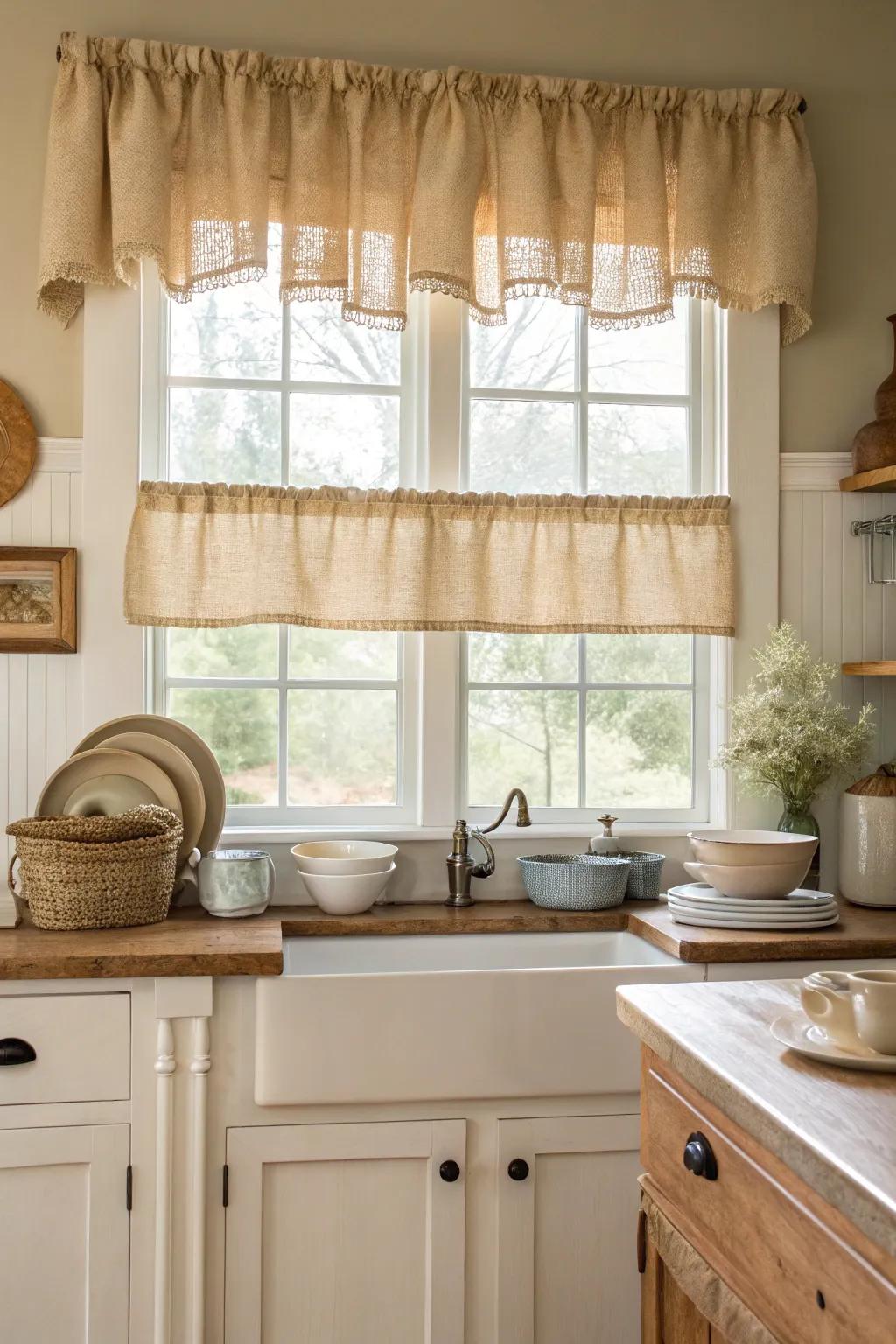 Burlap valances add a cozy, rustic charm that's perfect for farmhouse kitchens. 🌾 #FarmhouseStyle #RusticDecor