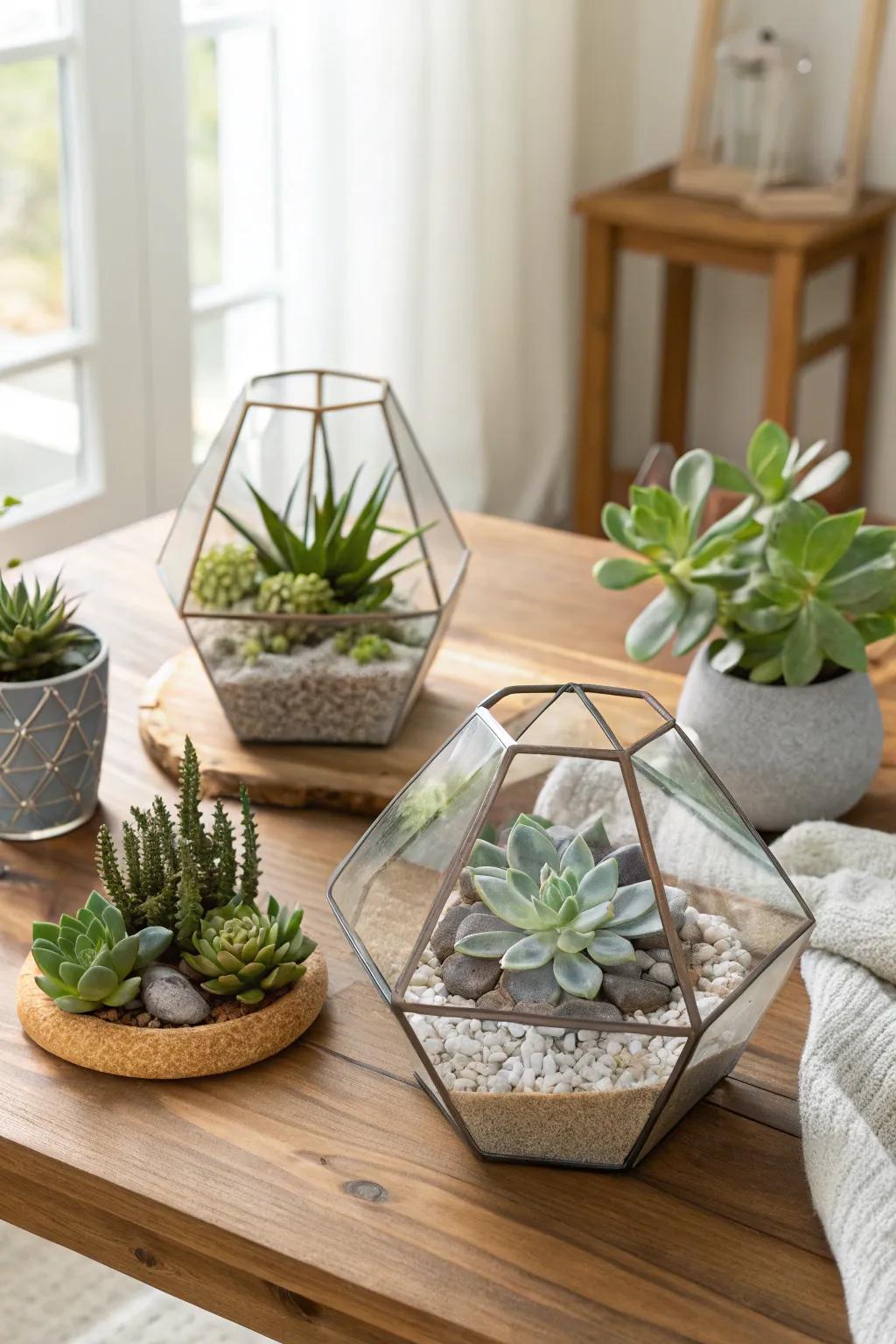 Embrace the beauty of nature with low-maintenance succulents housed in elegant glass terrariums.