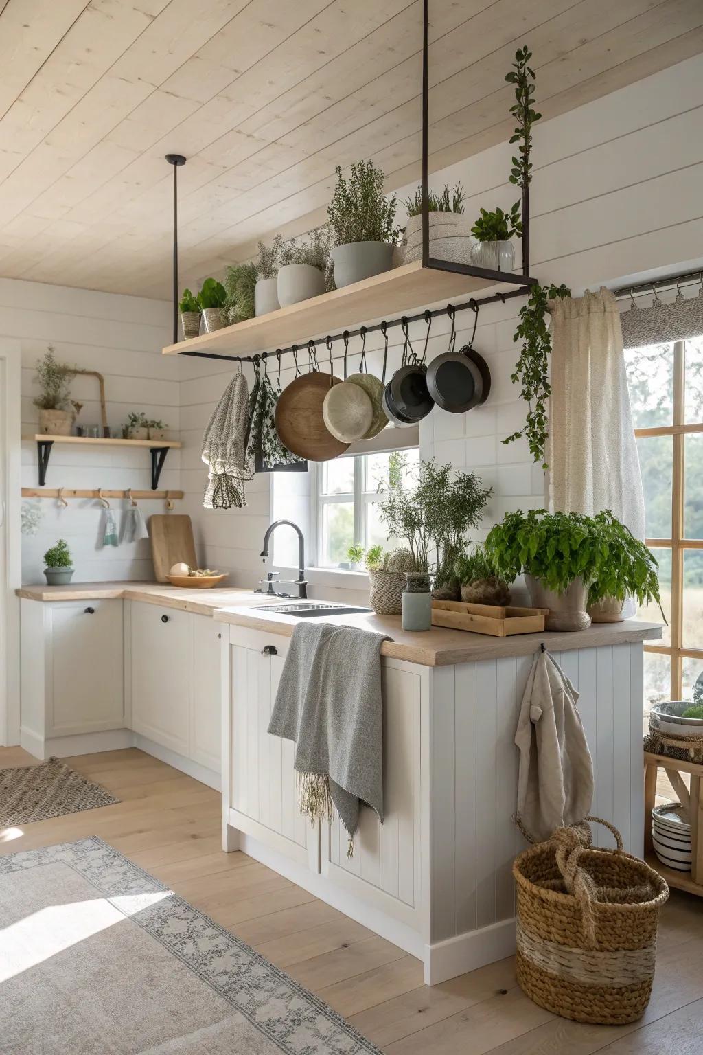 An above-the-island rack combines functionality with a touch of elegance. 🌟