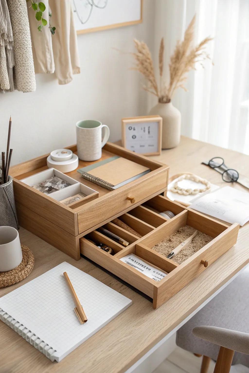 Customizable organizers bring order to your drawers, making office supplies easy to find.