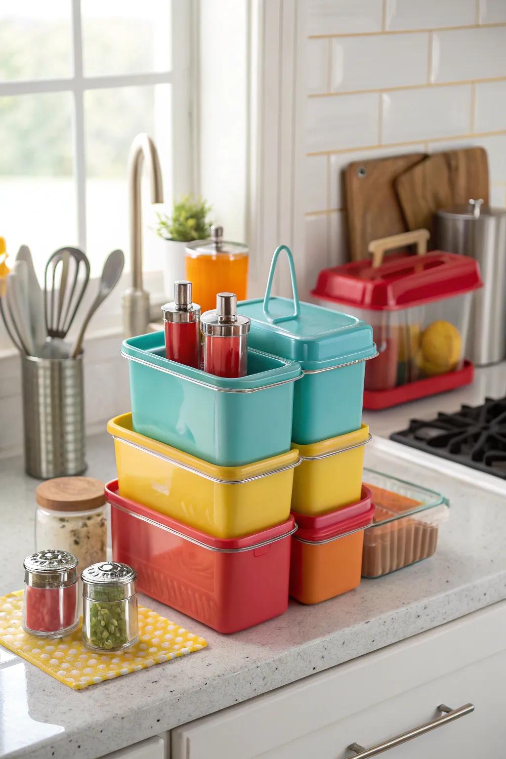 Achieve a neat and organized kitchen with stackable organizers. 🏠✨ #KitchenHacks #SpaceSavers