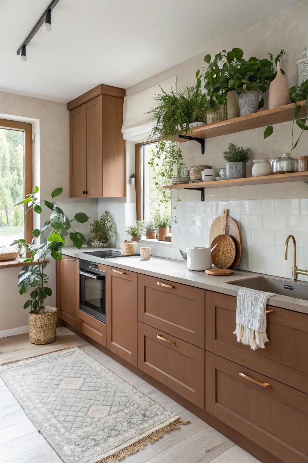 Infuse your kitchen with nature's touch by adding greenery to your brown cabinet setup. 🌿 #GreenKitchen #InteriorDesign
