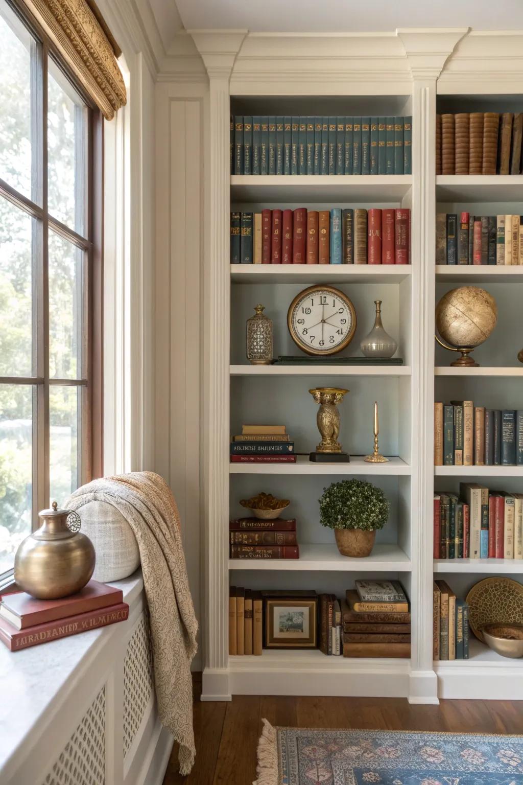 Bring the past to life by mixing vintage books and heirlooms into your library wall, creating a tapestry of stories and memories.