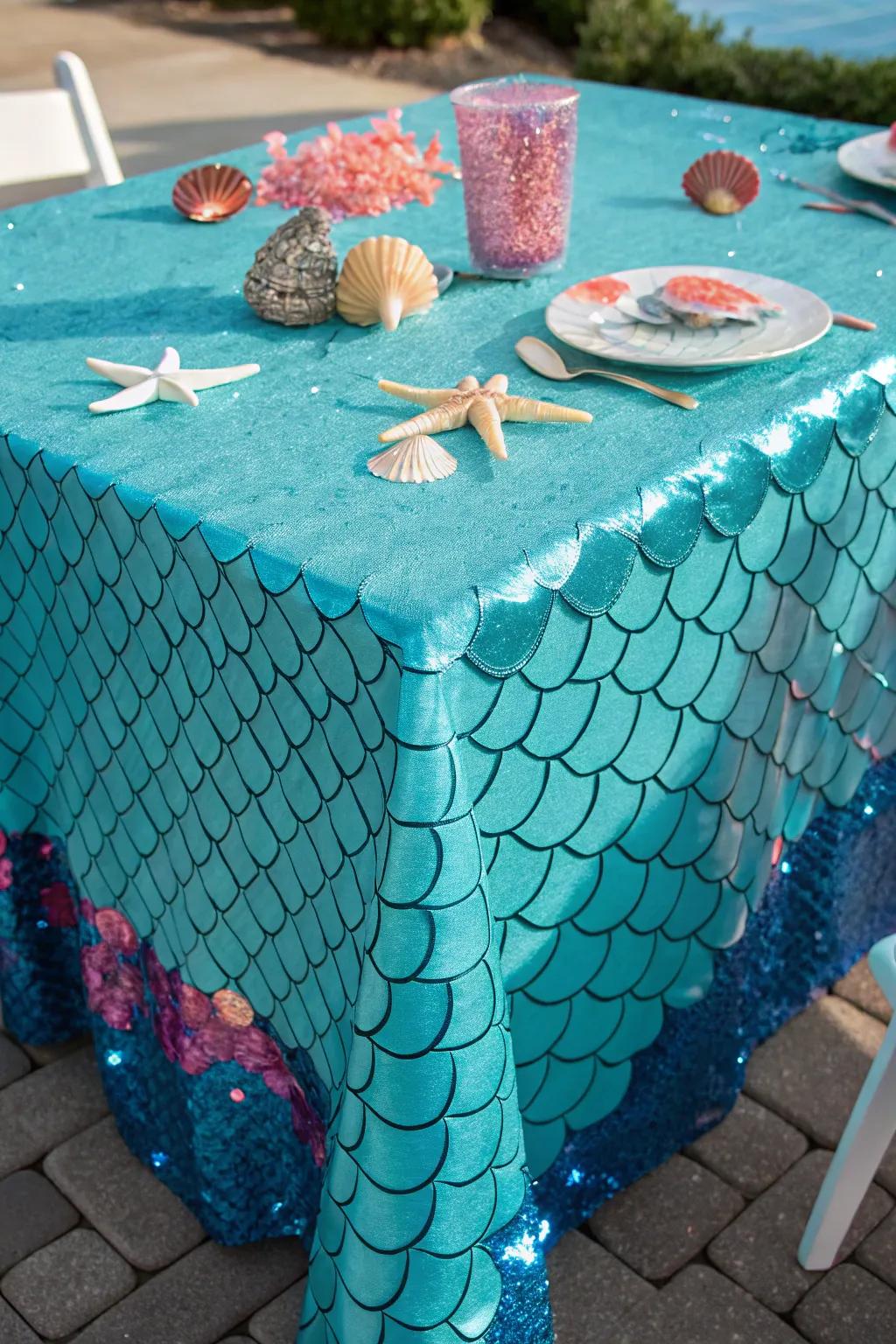 Create a captivating tablescape with a shimmering mermaid scale tablecloth. 🌊✨ #TableDecor #OceanVibes