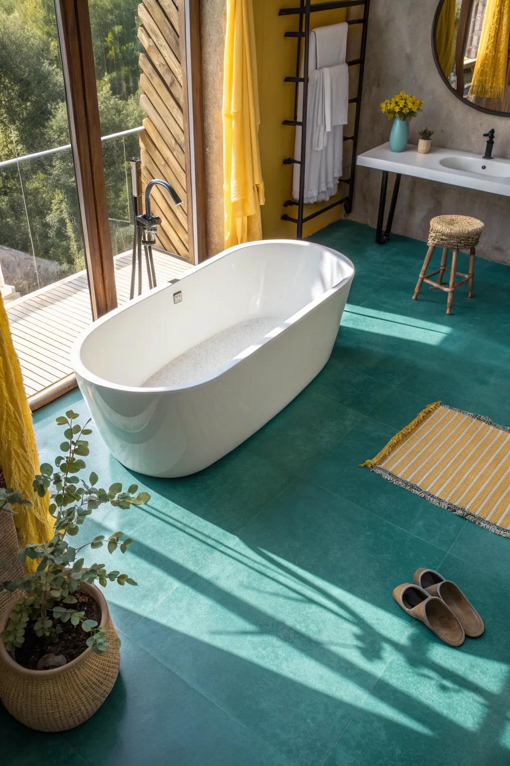 Indulge in relaxation with a freestanding bathtub set against sleek microcement floors. 🛁