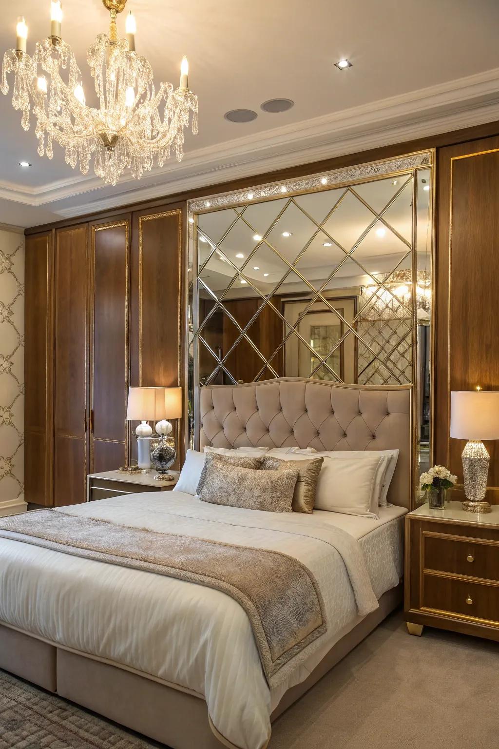 Sleep in style with a mirrored headboard that adds opulence to your bedroom design. ✨ #BedroomGoals #InteriorDesign