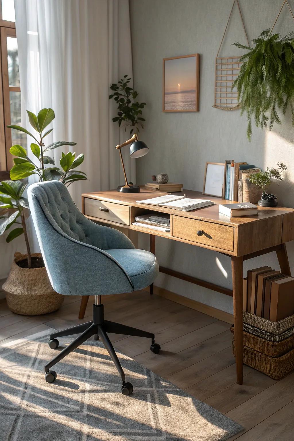 Achieve ultimate comfort with an ergonomic chair that complements your modern desk. #HomeOffice #Comfort