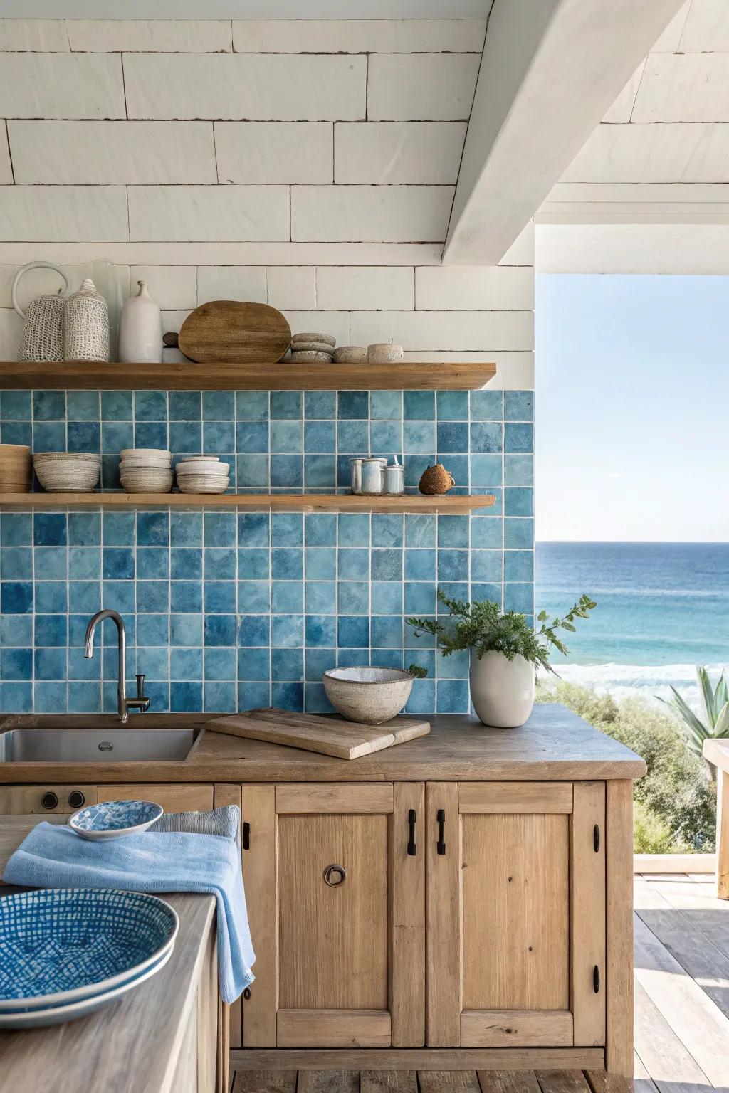 🌊 Dive into tranquility with a blue backsplash that brings a coastal charm to your space. #CoastalDecor #KitchenInspiration #HomeDesign