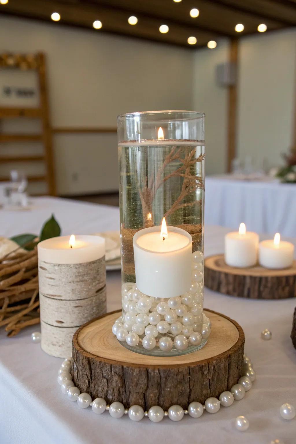 Create a serene setting with floating candles and pearls for a captivating centerpiece.