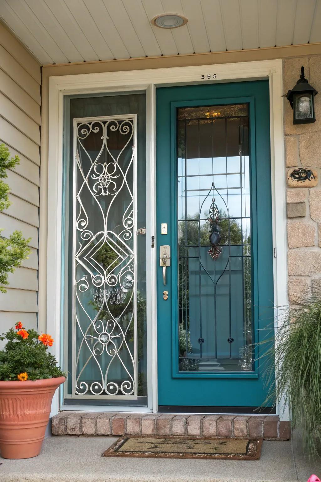 Elevate your entryway with a storm door that has stunning metal grid accents. #HomeDecor #FrontDoorInspo #MetallicElegance