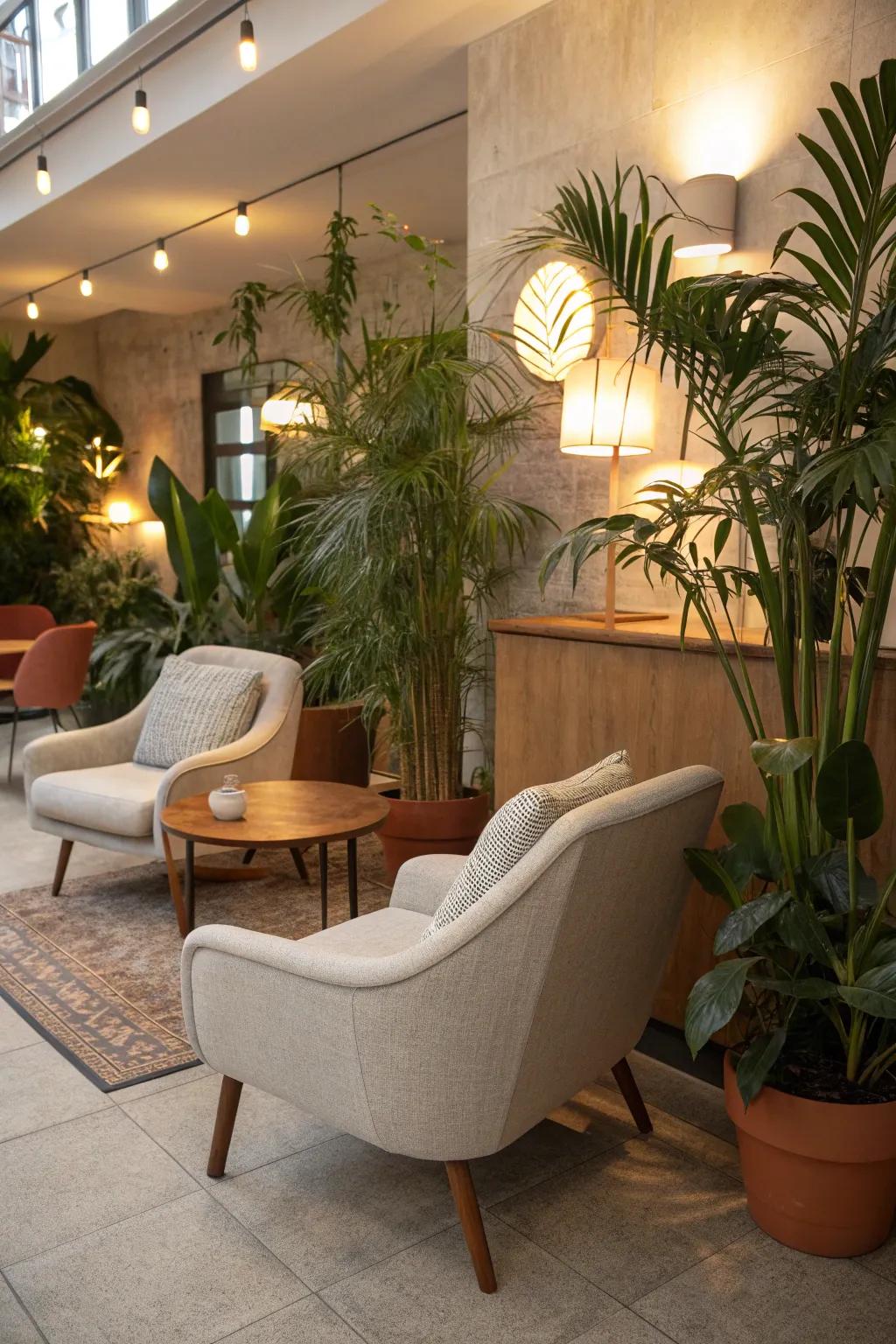 Create an inviting atmosphere with warm lighting and lush greenery 🌿 #HomeDecor #StaffLounge