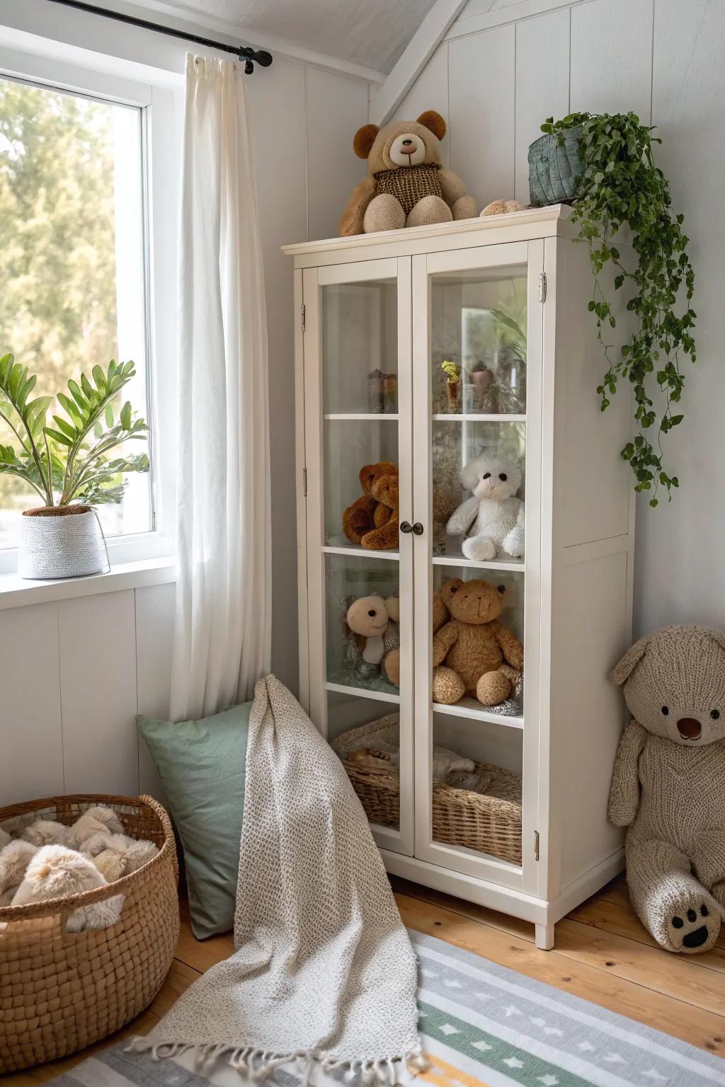 Create a plushie gallery with a chic glass cabinet! 🐻 #InteriorDesign #StuffedAnimalDisplay