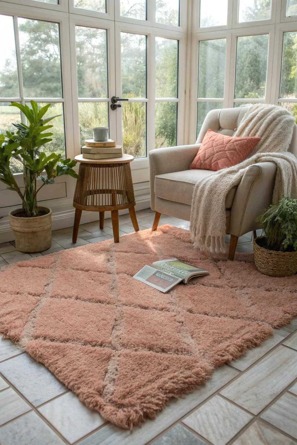 A plush rug transforms your sunroom into a haven of comfort and relaxation. 🌿 #CozyVibes #HomeComfort