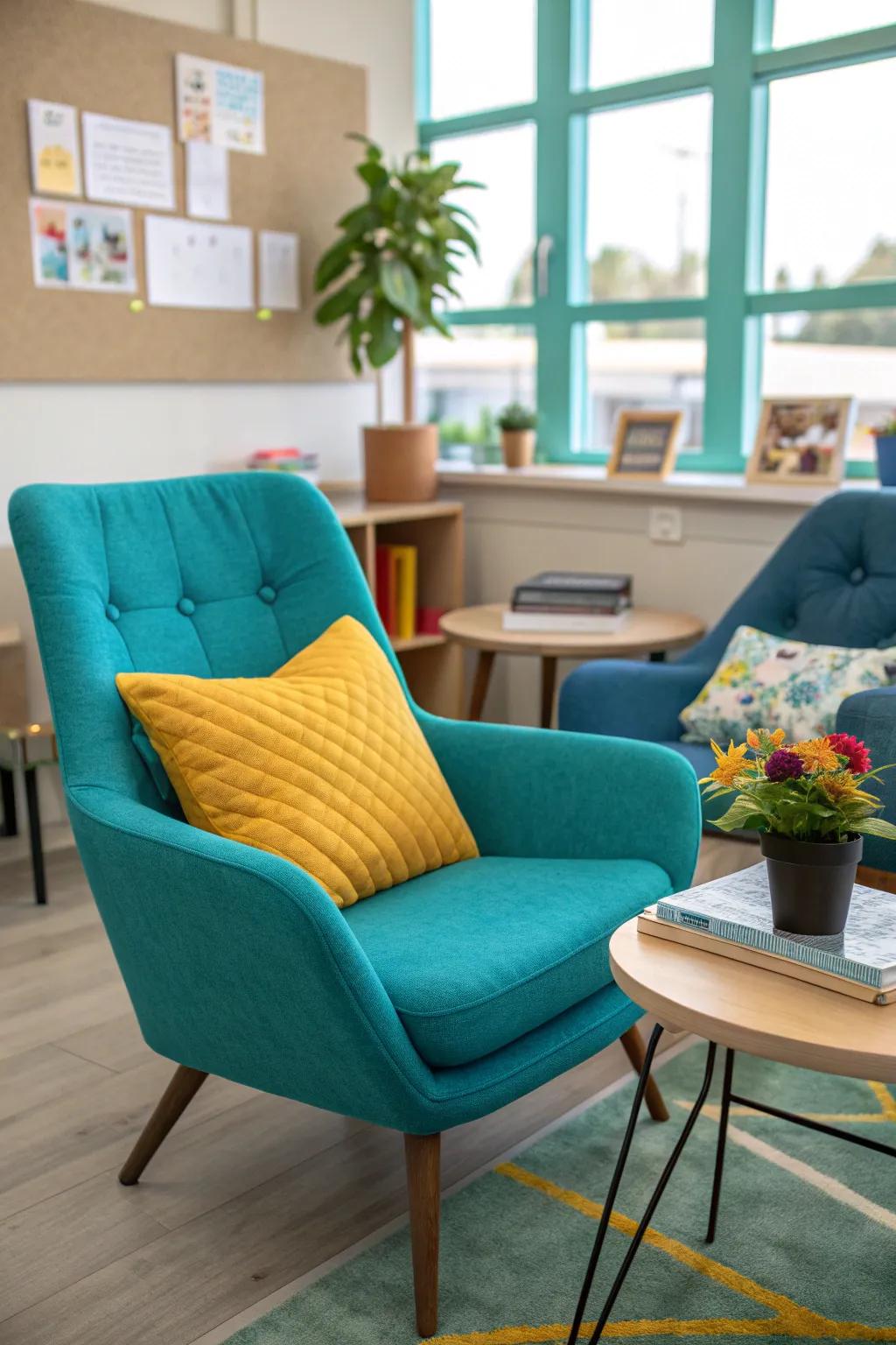 Create a haven for relaxation with seating areas that invite teachers to unwind and share their stories.