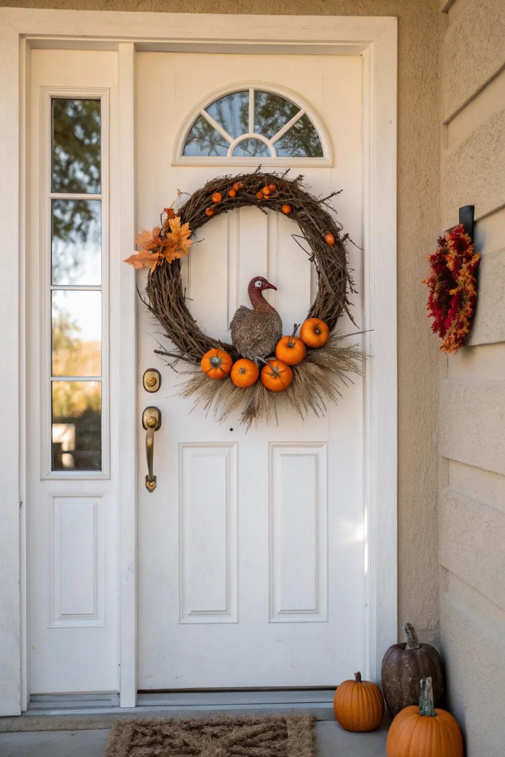 Welcome guests with a festive pumpkin turkey wreath on your front door. 🍁 #ThanksgivingDecor