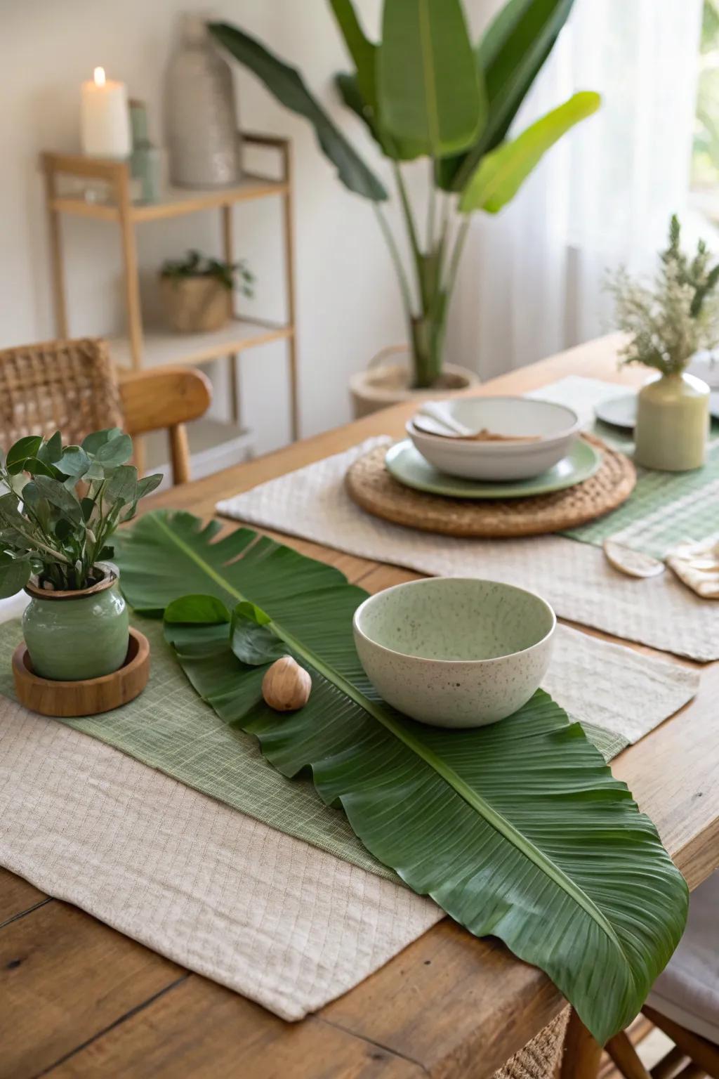 Bring nature to your table with banana leaf accents for a fresh, festive setting. 🍃 #TableDecor #FestiveDining