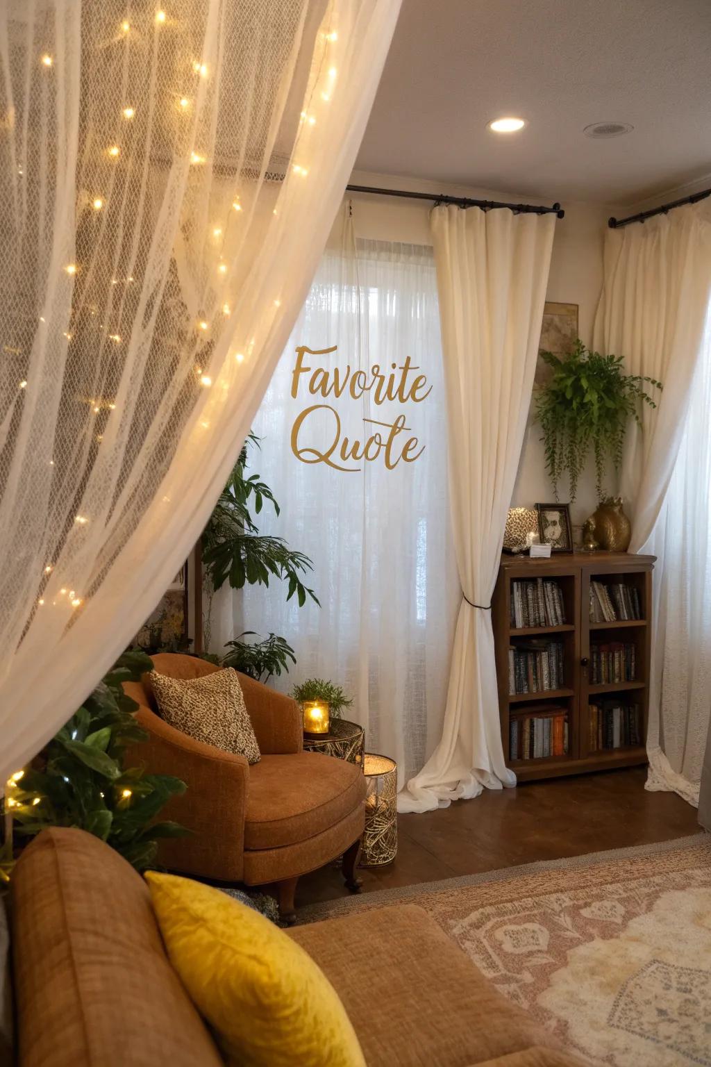 Personalize your space with sheer curtains featuring your favorite quote or lyric. ✍️ #HomeDecor #CurtainIdeas #DIYDecor
