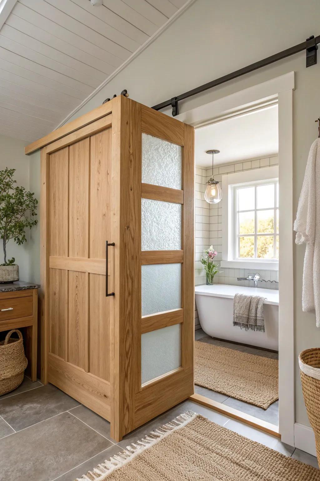 Bring the warmth of rustic design into your bathroom with a sliding barn door. 🚪 #RusticCharm #BathroomDesign