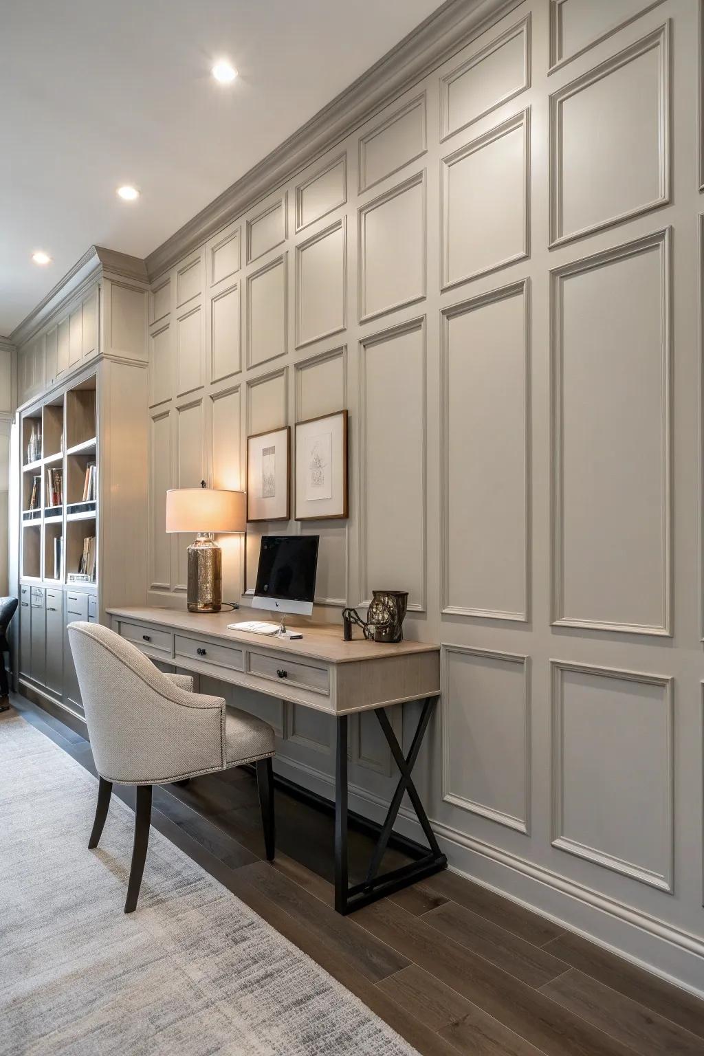 Combine modern lines with classic charm using board and batten. ✨ #HomeOffice #WainscotingDesign