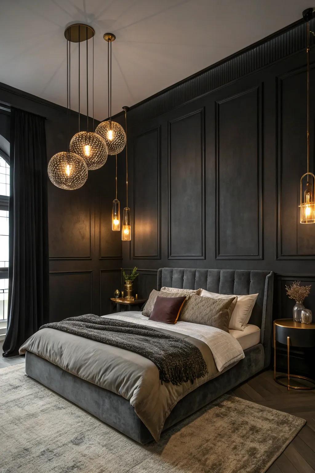 Illuminate your space with subtle lighting that adds warmth and charm to your black bedroom.