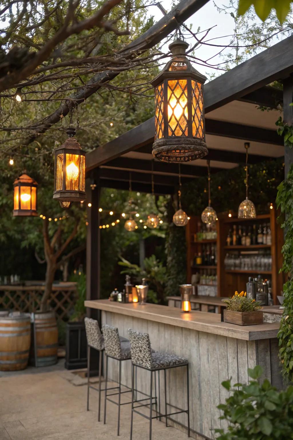 Create an enchanting outdoor ambiance with hanging lanterns.