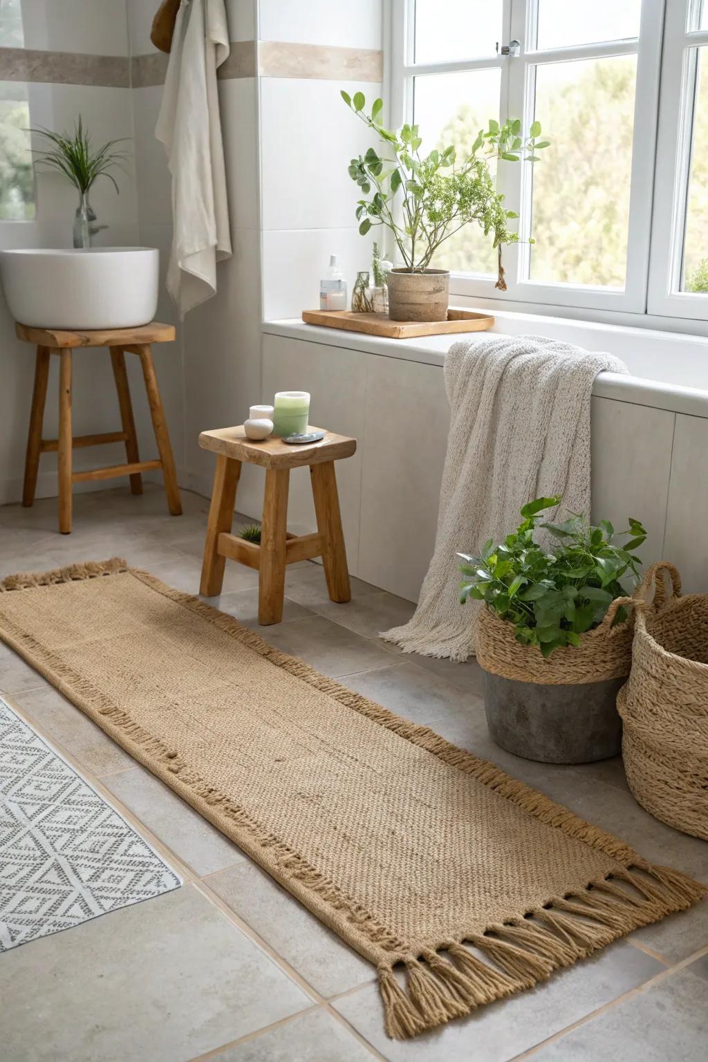 Bring the outside in with a jute runner, adding a natural touch to your bathroom sanctuary.