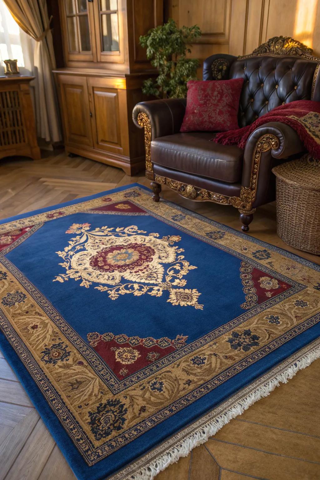 Elevate your traditional decor with a Persian-inspired blue rug that exudes timeless charm.