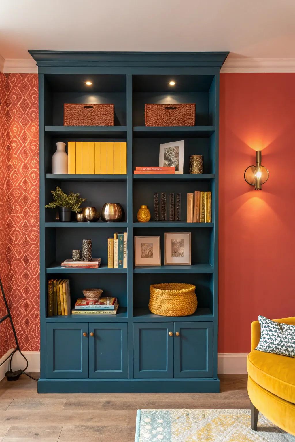 Make a bold statement with contrasting bookshelf colors that captivate the eye.