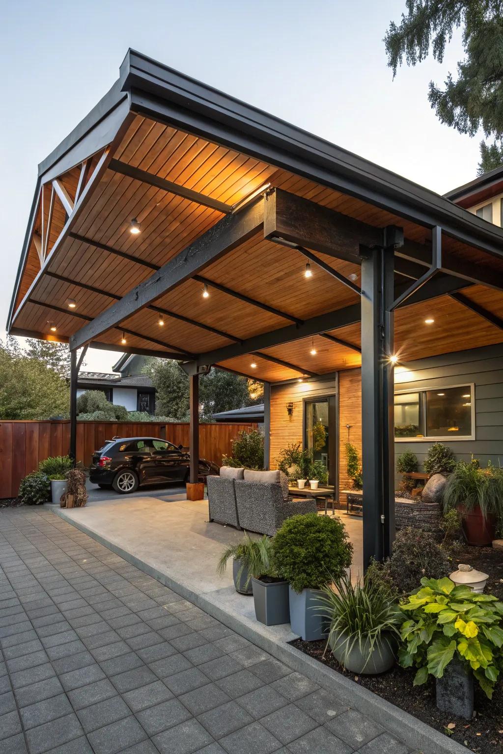 Create depth and interest by mixing materials for a one-of-a-kind carport.