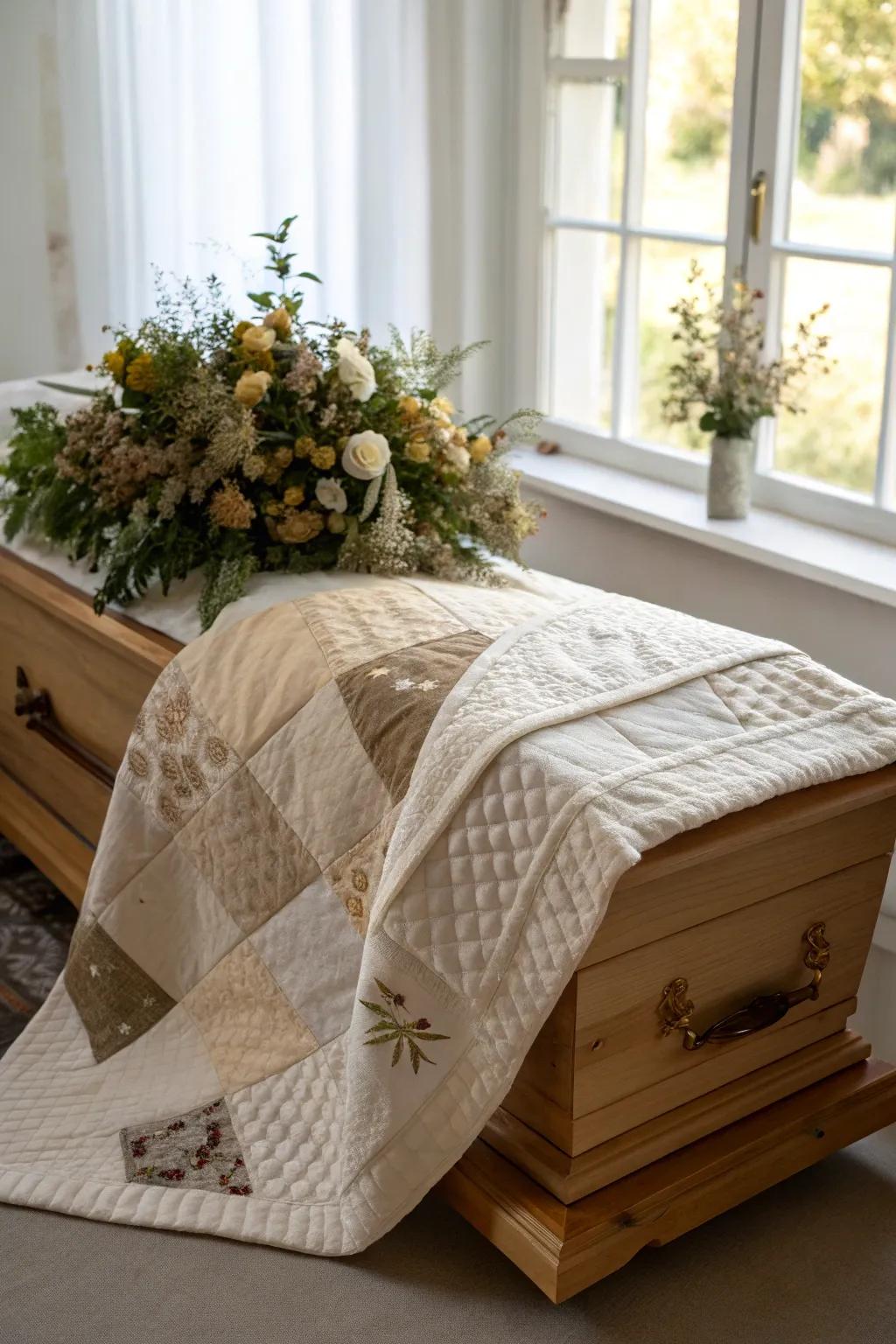 A memory quilt drapes the casket, offering warmth and a touch of personal history. #CraftedWithLove #MemorialQuilt