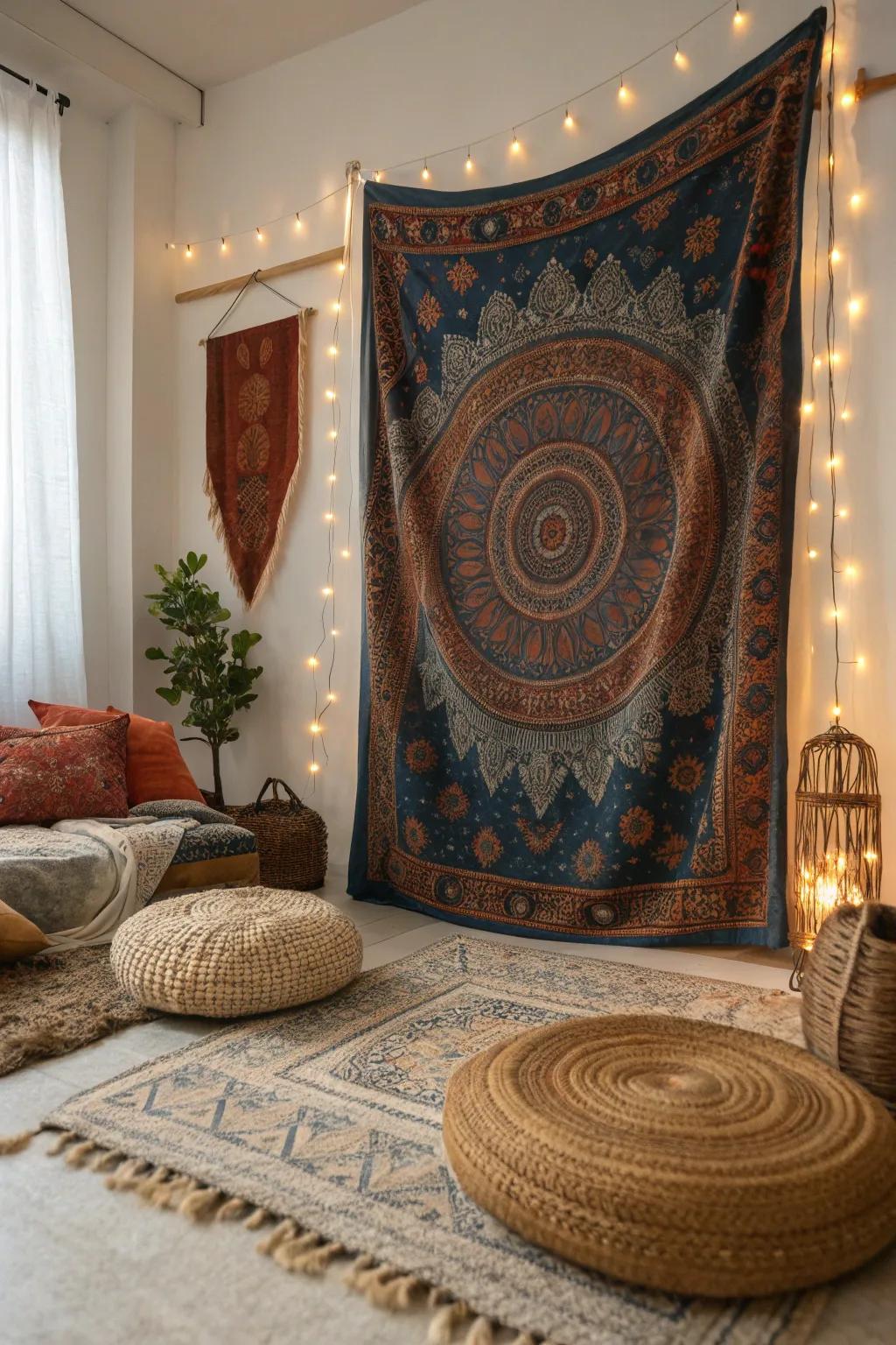 Add bohemian flair with fabric wall hangings that cover imperfections in style.