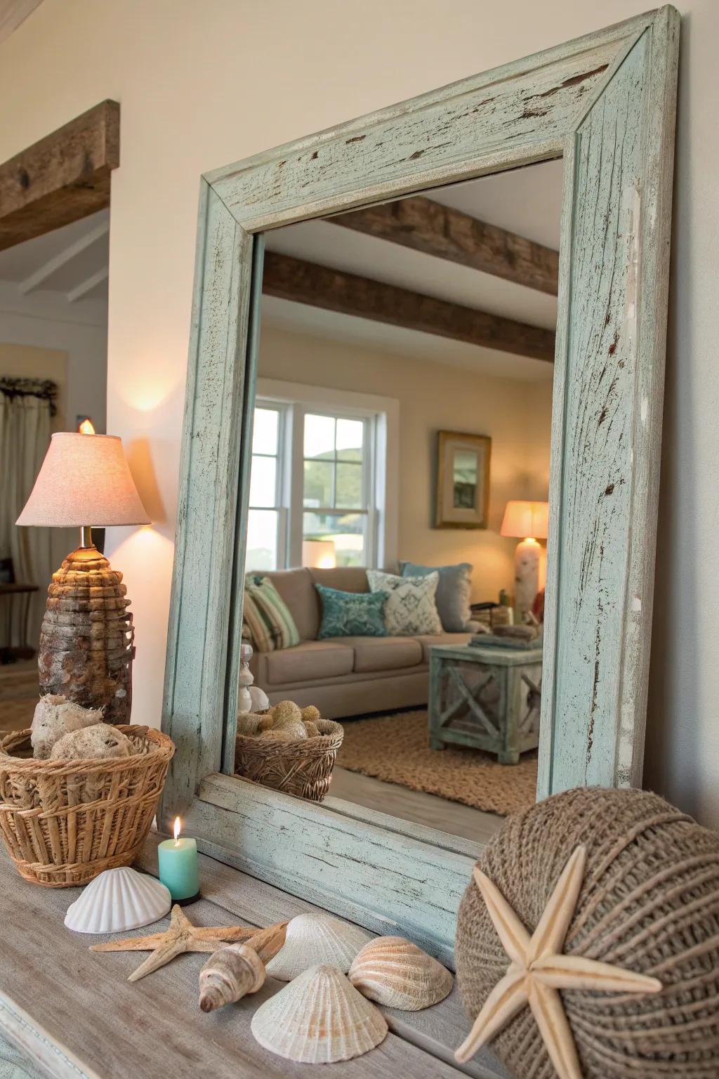 Add a touch of rustic elegance with weathered wood frames that evoke the timeless beauty of the coast.