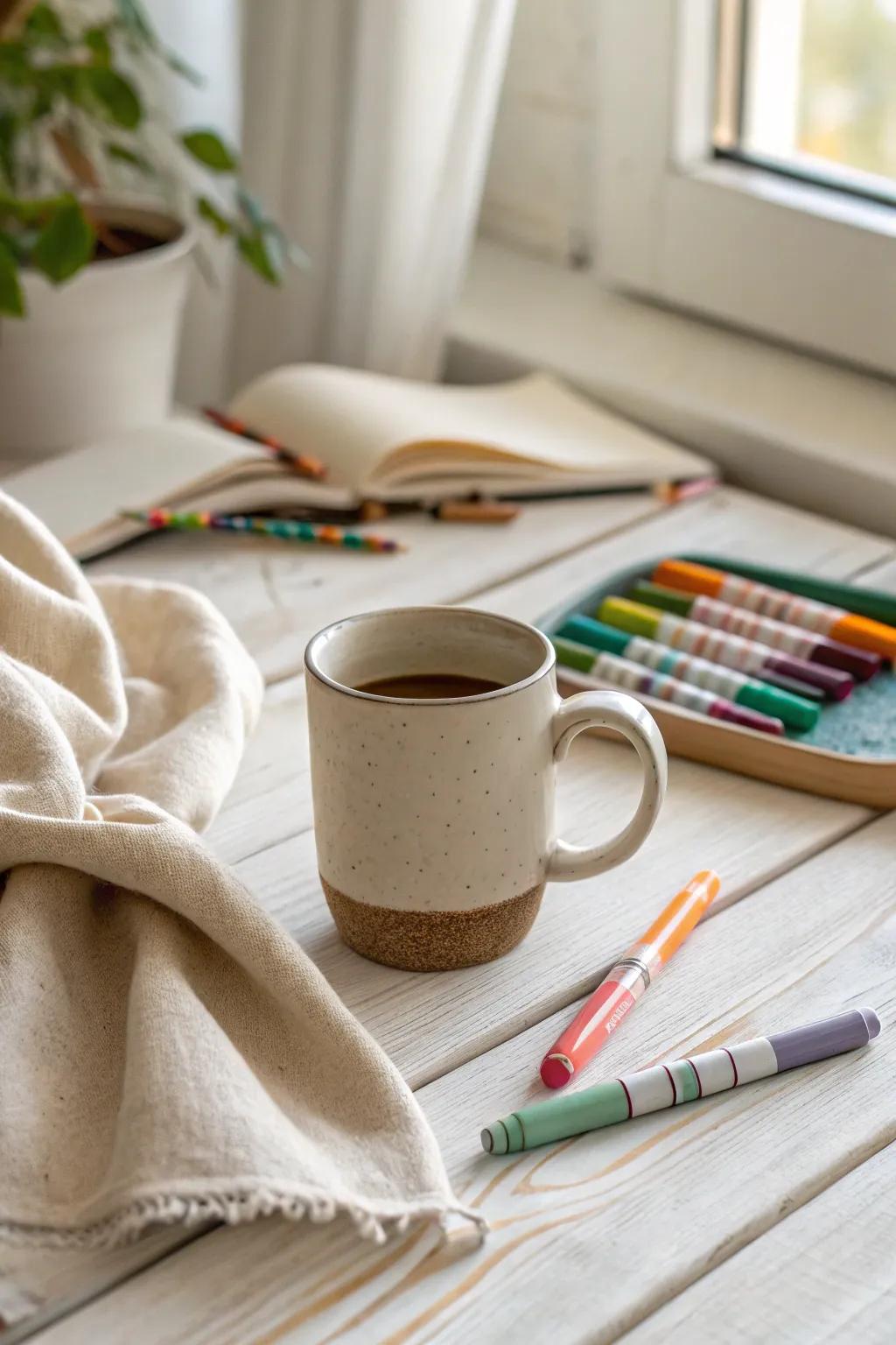 Unleash creativity with a mug full of vibrant art supplies.