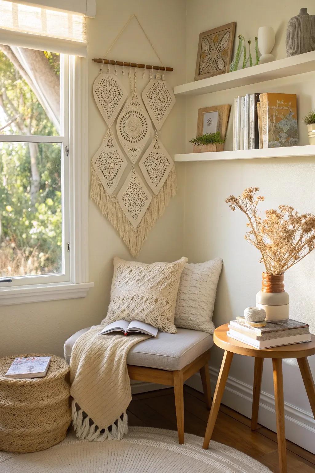 Add visual intrigue with layered crochet pieces for a captivating wall display.