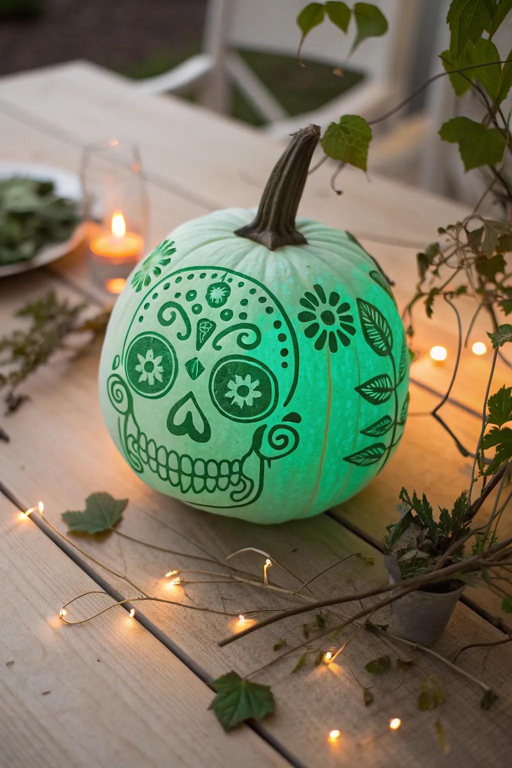 Illuminate your decor with a glow-in-the-dark pumpkin, perfect for a mystical evening setting.