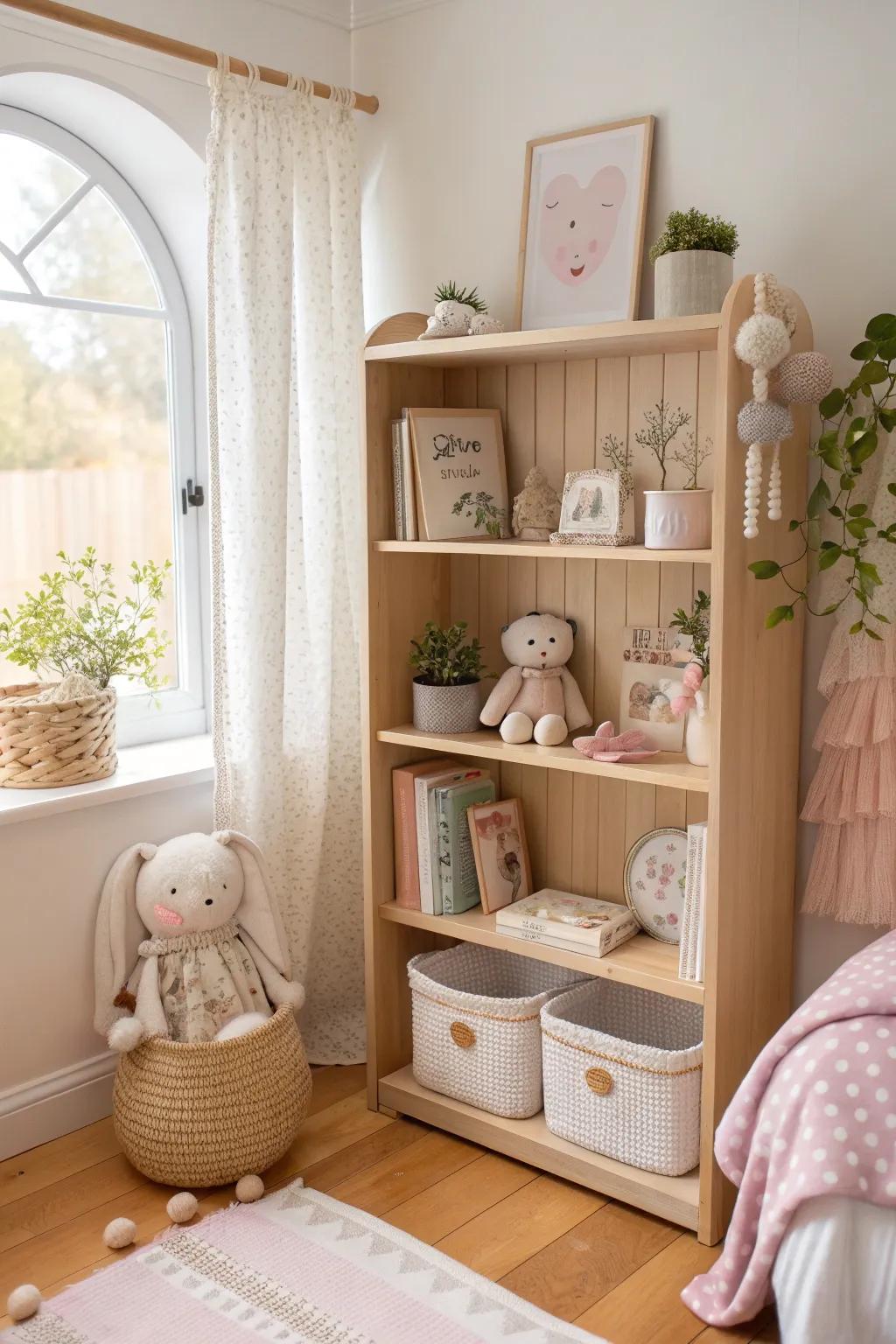Strategically placed shelves transform dolls into delightful decor elements.