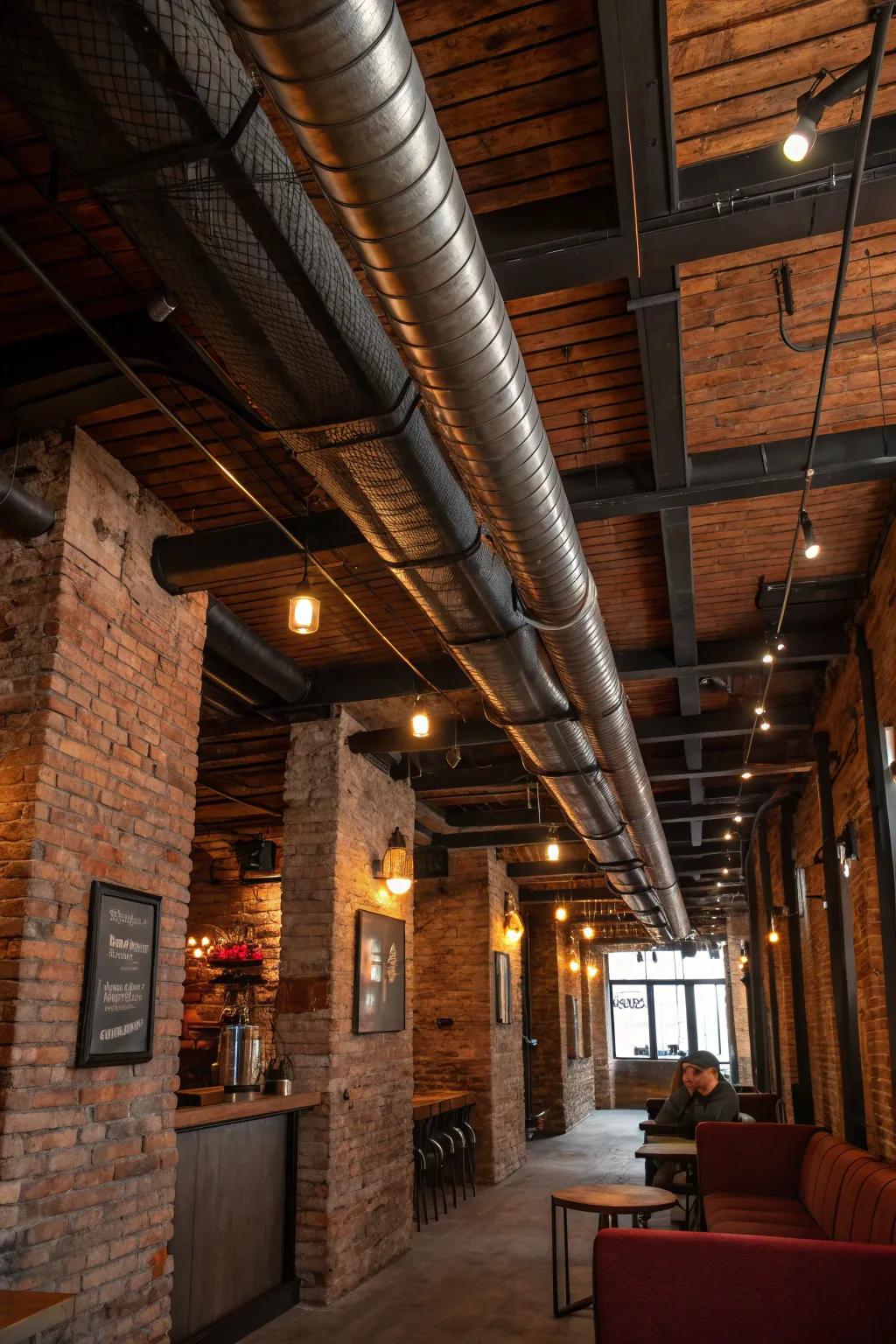 Achieve a harmonious blend of industrial and rustic with exposed ducts against wood and brick.