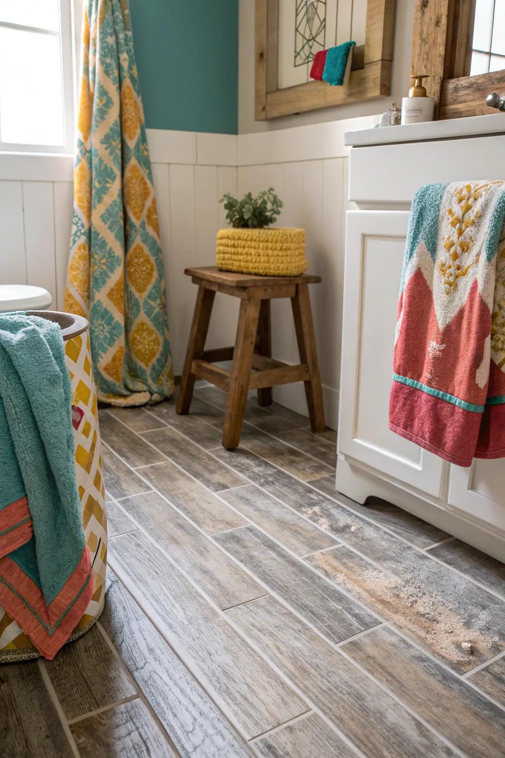 Get the warmth of wood in your bathroom with durable wood-look tiles.