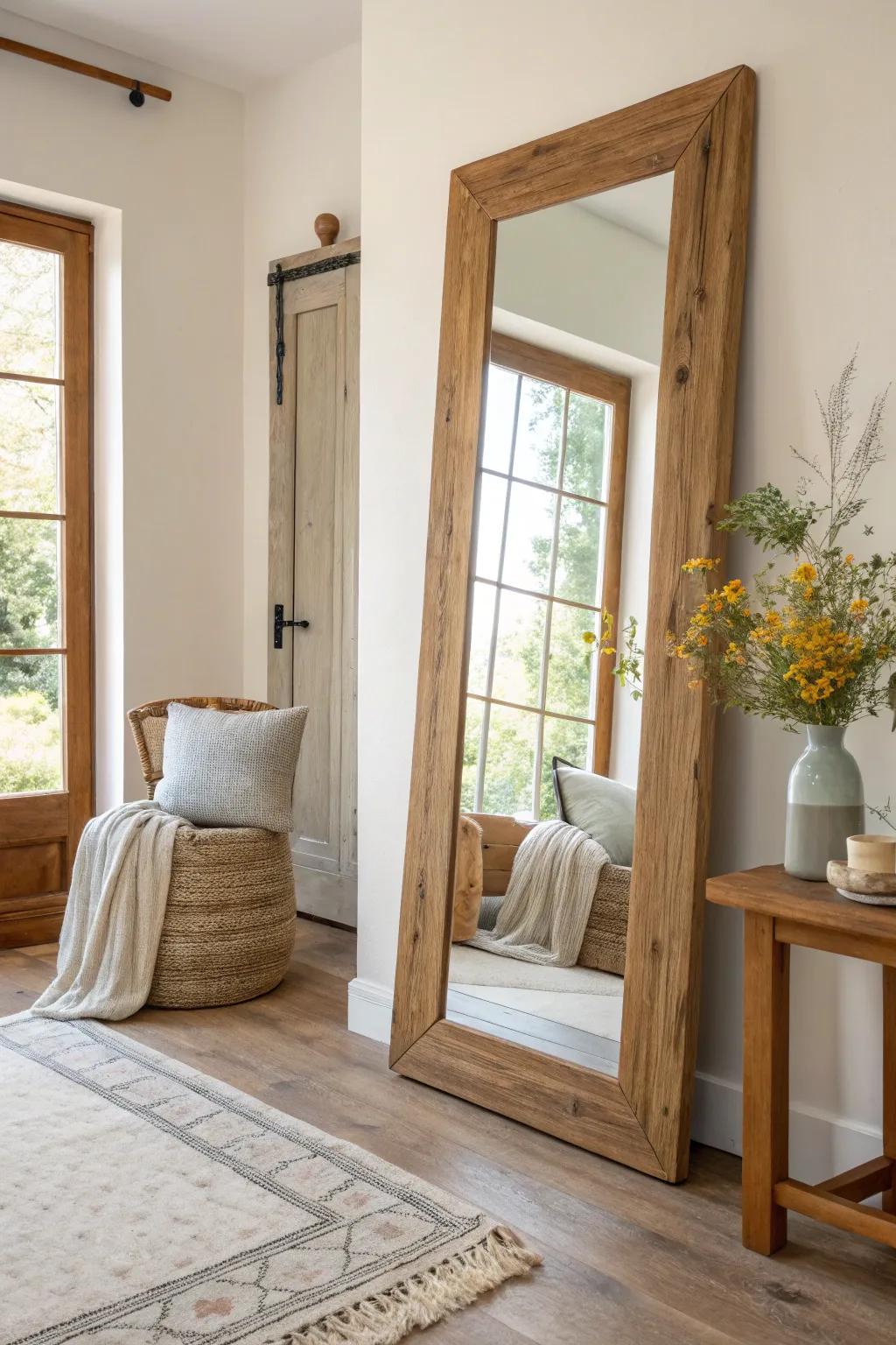 Natural textures in mirrors complement the serene beauty of farmhouse interiors.