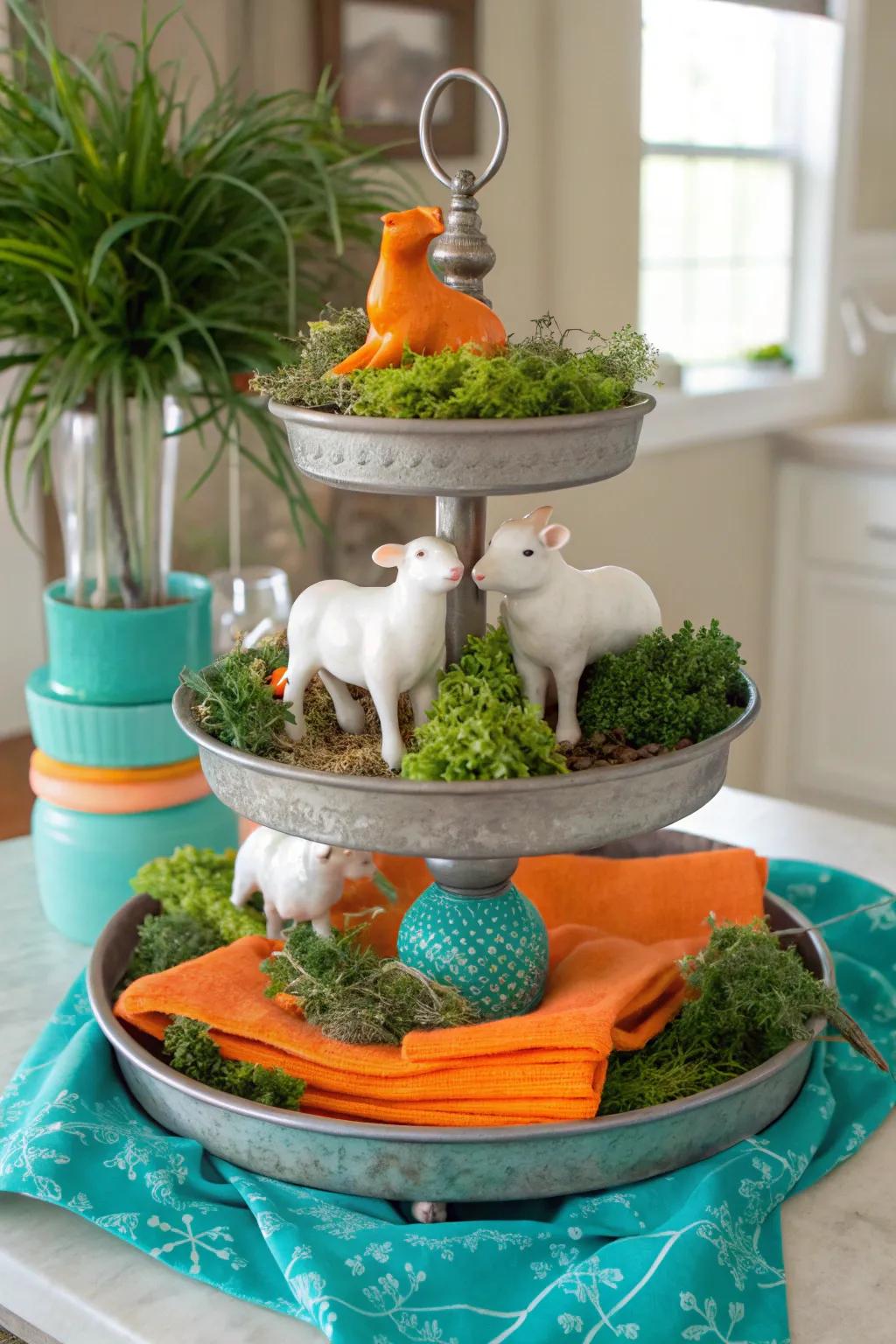Infuse personality into your space with adorable ceramic figures on your tiered tray.