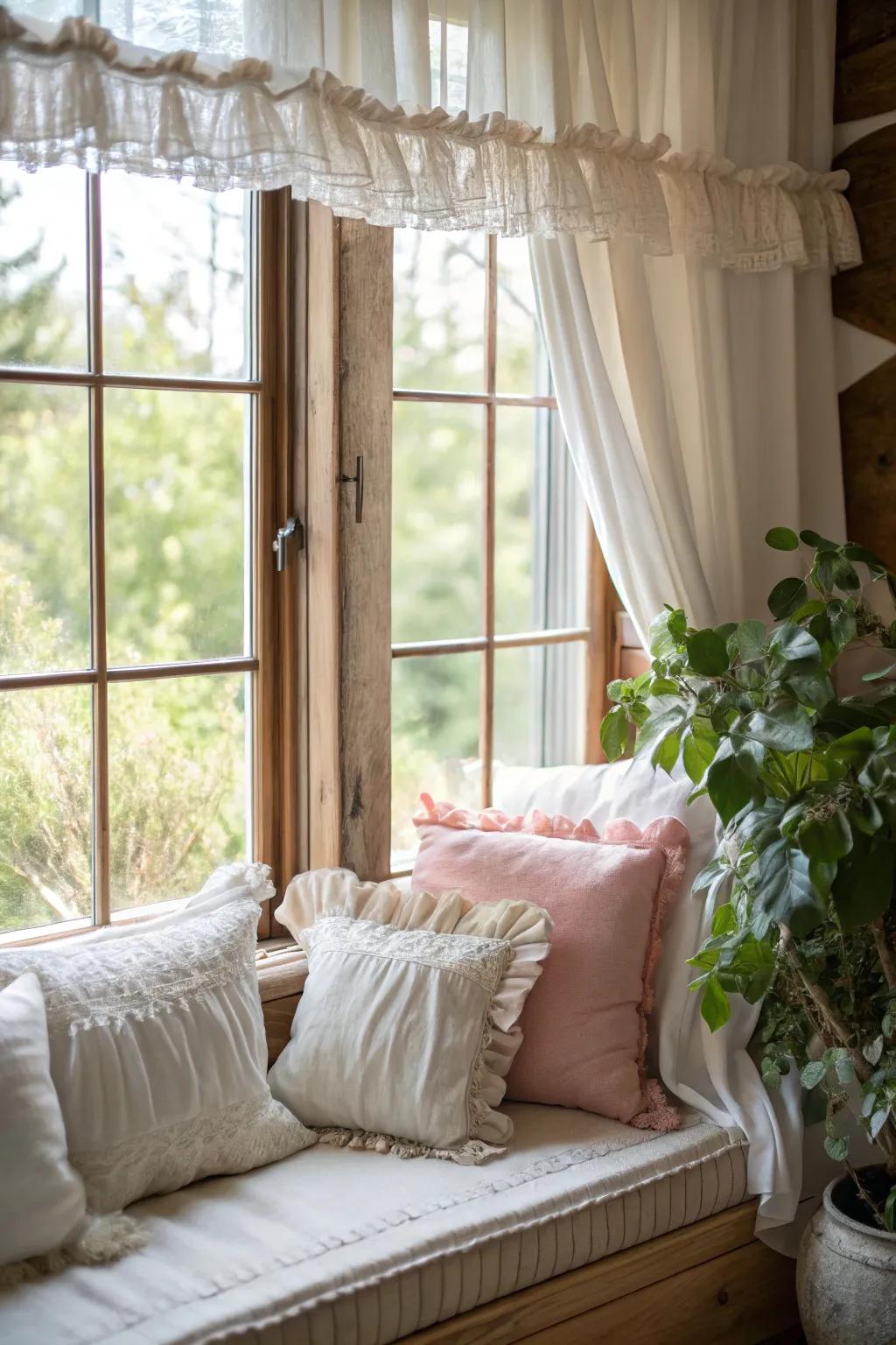 Ruffled valances bring whimsical charm and delicate elegance to farmhouse interiors.