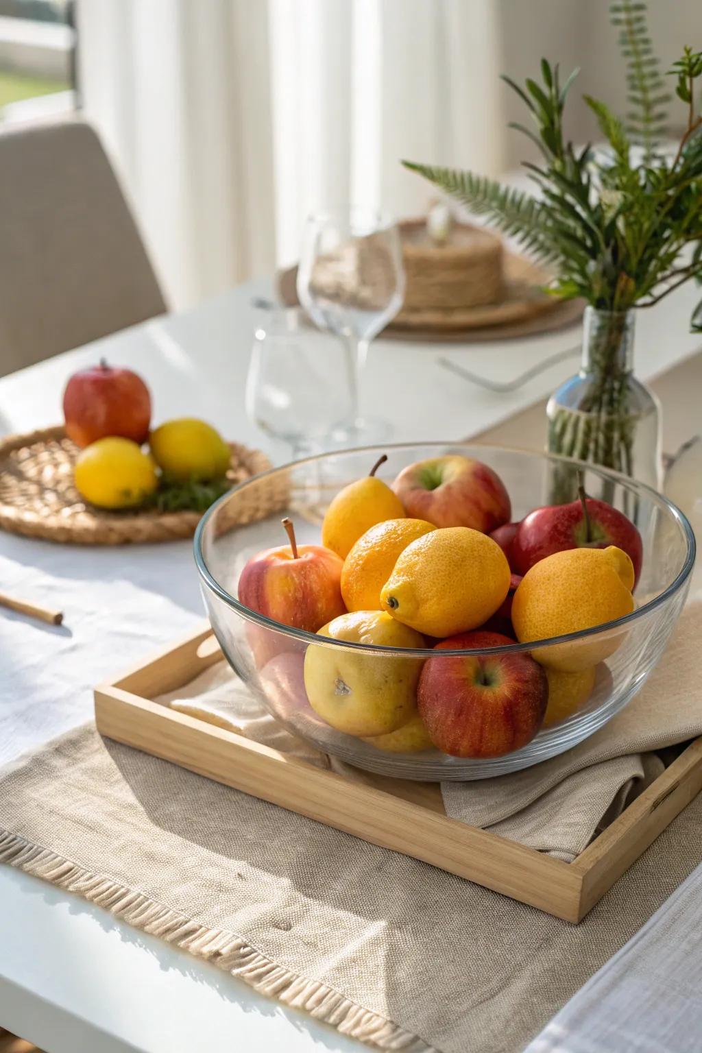 Celebrate the seasons with vibrant fruit displays that are as tasty as they are beautiful! 🍎🍋 #SeasonalDecor #FruitCenterpiece