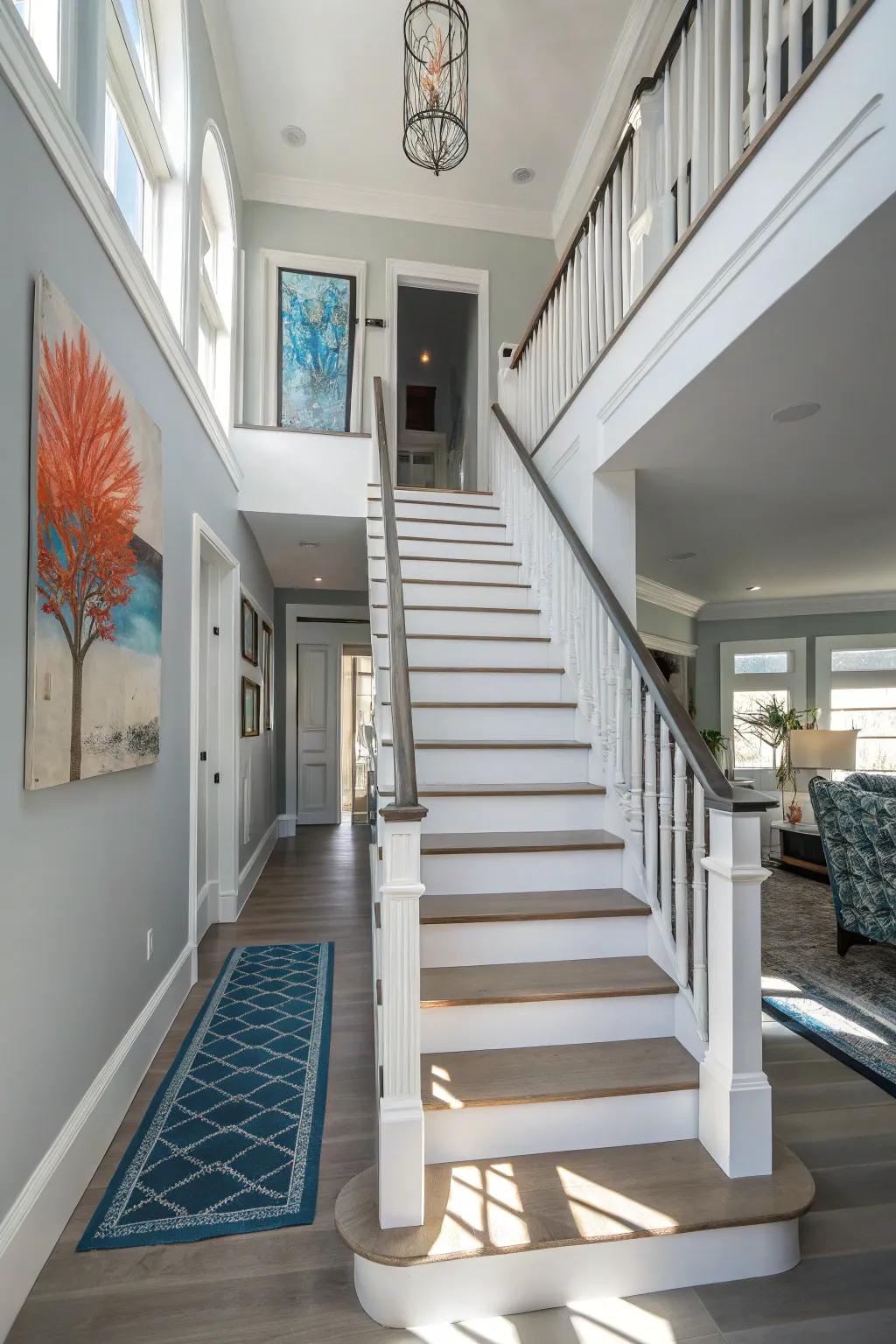 Amplify natural light with an all-white staircase, creating an airy and inviting entrance. #BrightSpaces #MinimalistDesign
