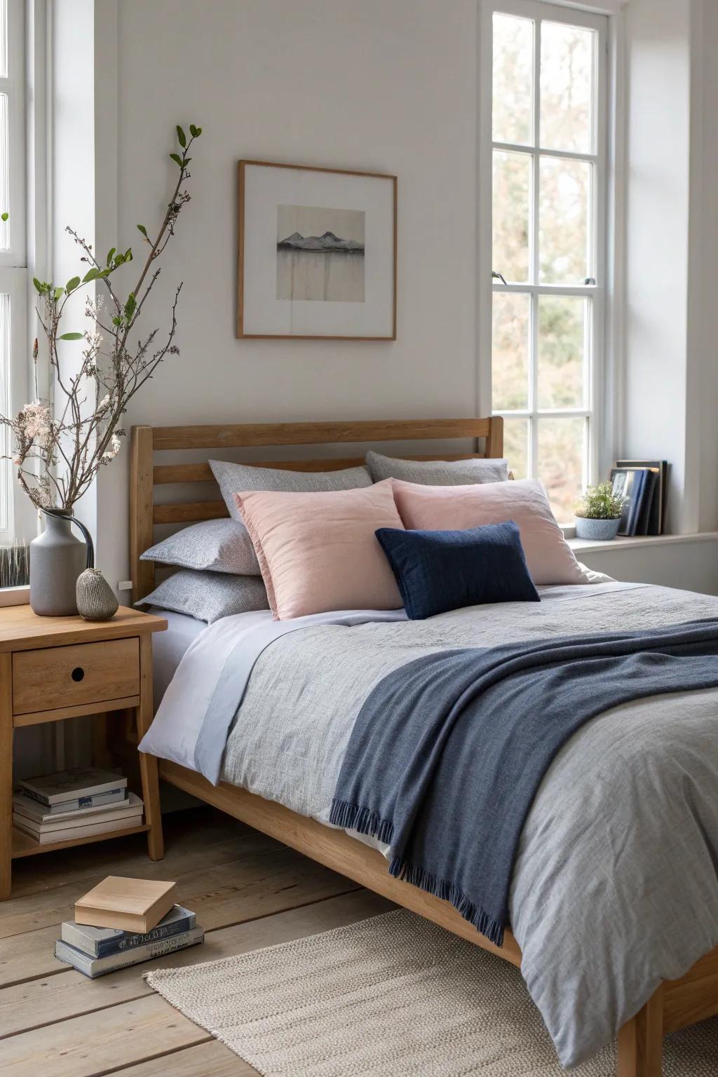 Add a splash of color to your grey bedroom with carefully chosen accent pieces.